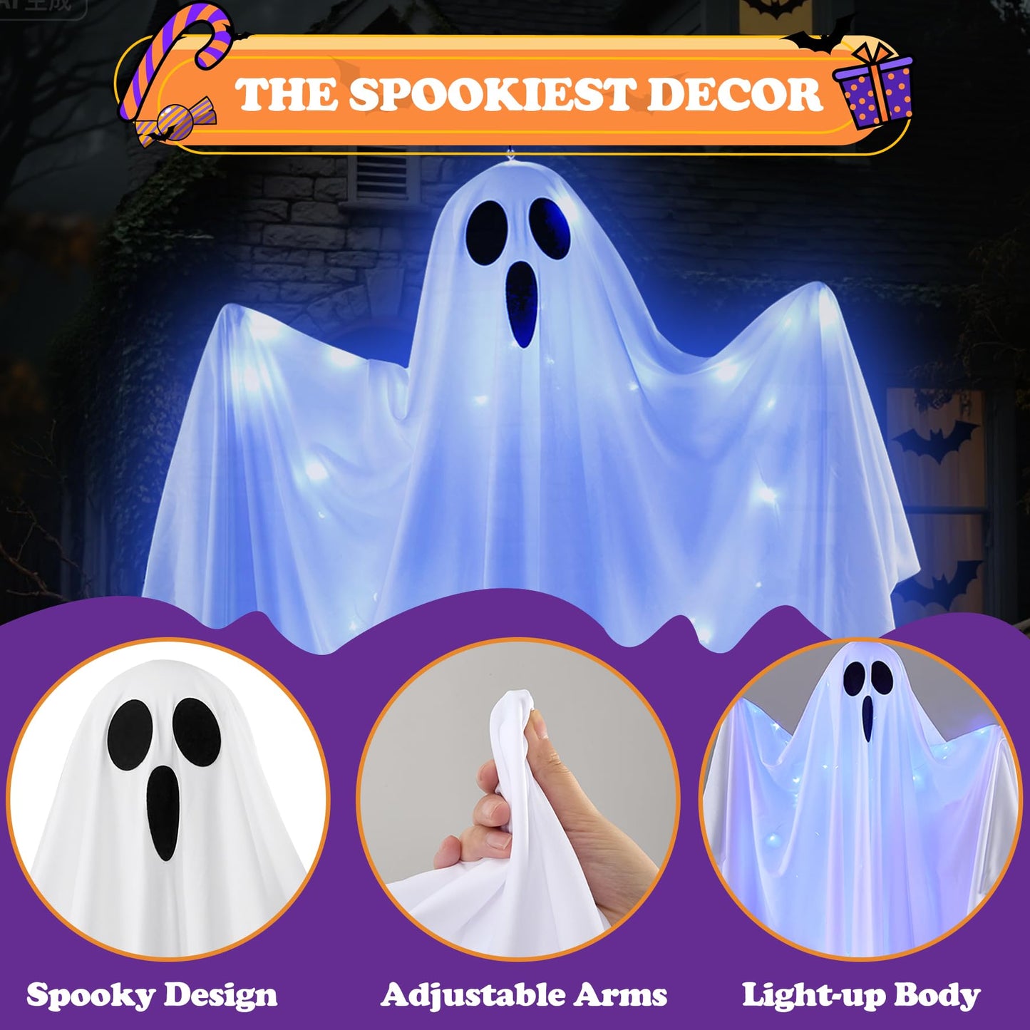 Hogrance Halloween Decorations Outdoor, White Hanging Ghost Hanging Light up with Blue LED Light, Halloween Window Decoration for Front Yard Patio Lawn Garden Party Decor Indoor Outside (Blue)