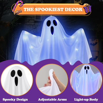 Hogrance Halloween Decorations Outdoor, White Hanging Ghost Hanging Light up with Blue LED Light, Halloween Window Decoration for Front Yard Patio Lawn Garden Party Decor Indoor Outside (Blue)