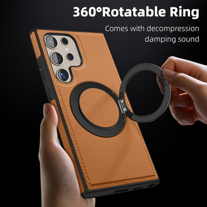 Newhalper Magnetic PU Leather Case Fit for Samsung Galaxy S24 Ultra [Compatible with MagSafe][360-Degree Rotatable Ring Stand & Kickstand] Phone Cover for Samsung S24 Ultra (Brown)