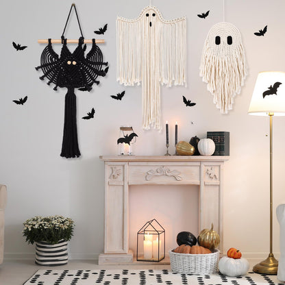 Remagr 3 Pcs Halloween Macrame Ghost Bat Wall Decor Handmade Ghost Wall Hanging Halloween Boho Decorations, Spooky Season Decor for Home Decorations