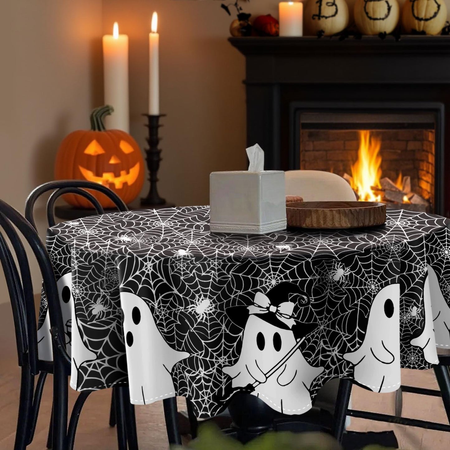 QIALETS Halloween Tablecloth Round 60 Inch Spooky Ghost Spider Web Black Table Covers Washable for Indoor Outdoor Dining Home Party Holiday Decorations