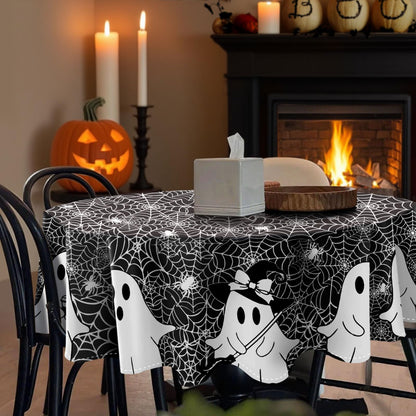 QIALETS Halloween Tablecloth Round 60 Inch Spooky Ghost Spider Web Black Table Covers Washable for Indoor Outdoor Dining Home Party Holiday Decorations