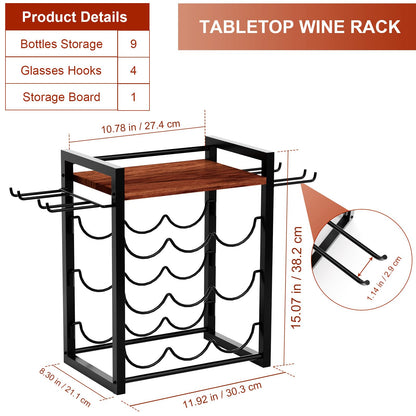 B4Life Wine Rack Countertop, Wine Glass Holder and Bottle Holder with Tray, Countertop Liquor Storage Holds 9 Liquor Bottles and 4 Glasses, Freestanding Liquor Storage for Home, Kitchen, Bar, Cellar
