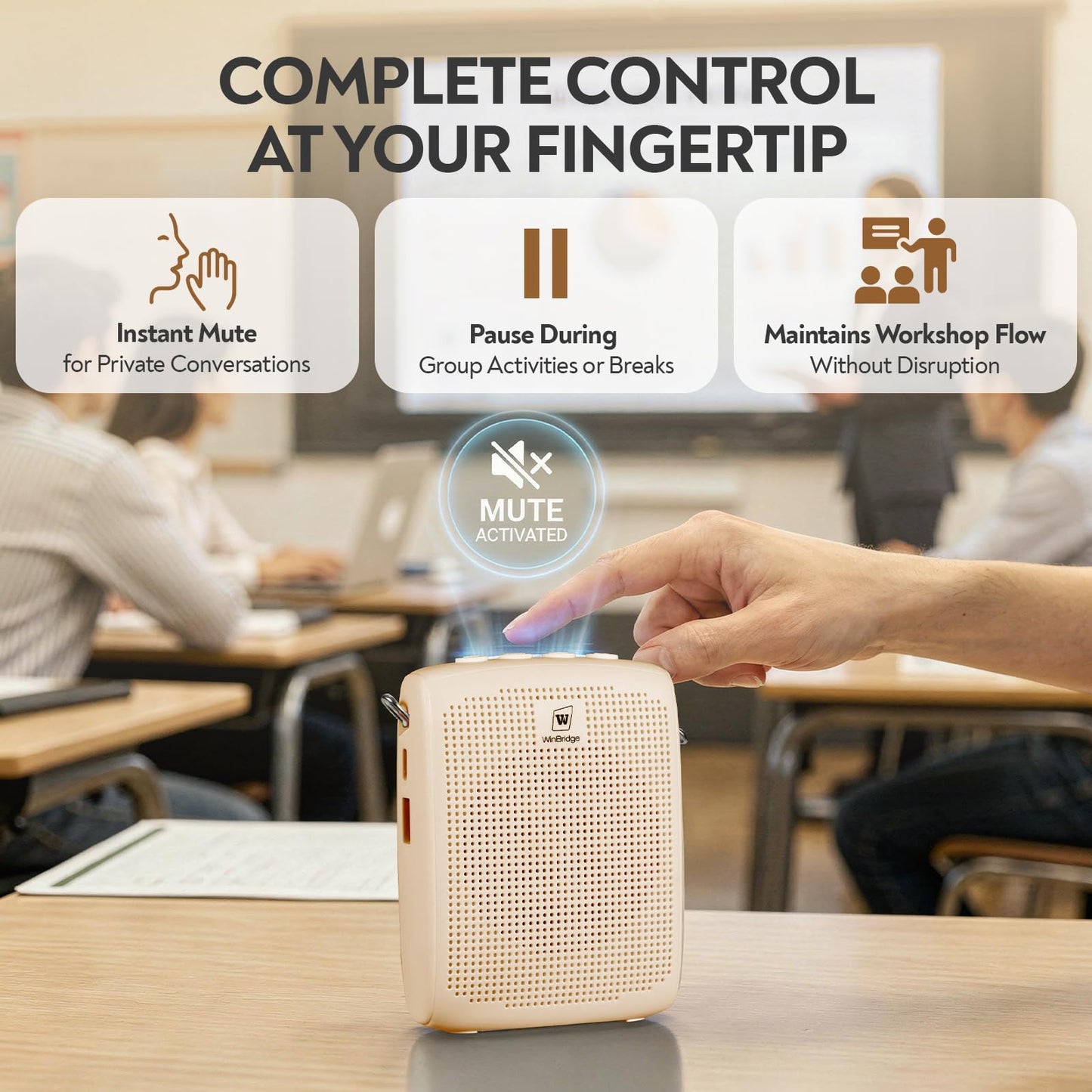 WinBridge Bluetooth Voice Amplifier - 15W Wireless Headset Mic, Portable PA System for Classroom/Elderly, Speaker and Microphone for Teachers, Tour Guide, Soft-Spoken People, WB002 Beige