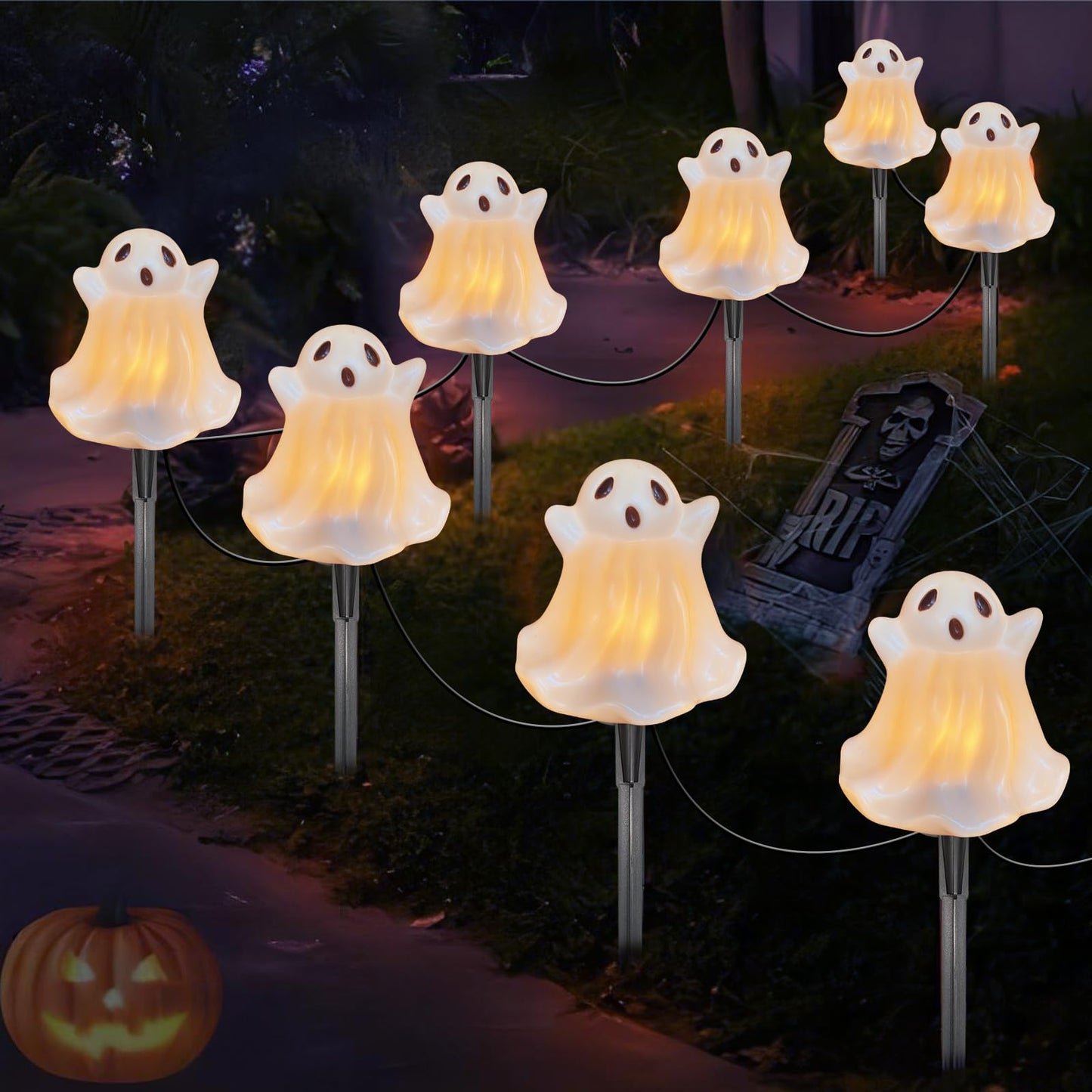Halloween Pathway Lights Outdoor Decorations, 4PCS 3D Light-Up Ghost Garden Stake Lights, Waterproof Outdoor Lights for Yard, Lawn, Driveway, Halloween Decor