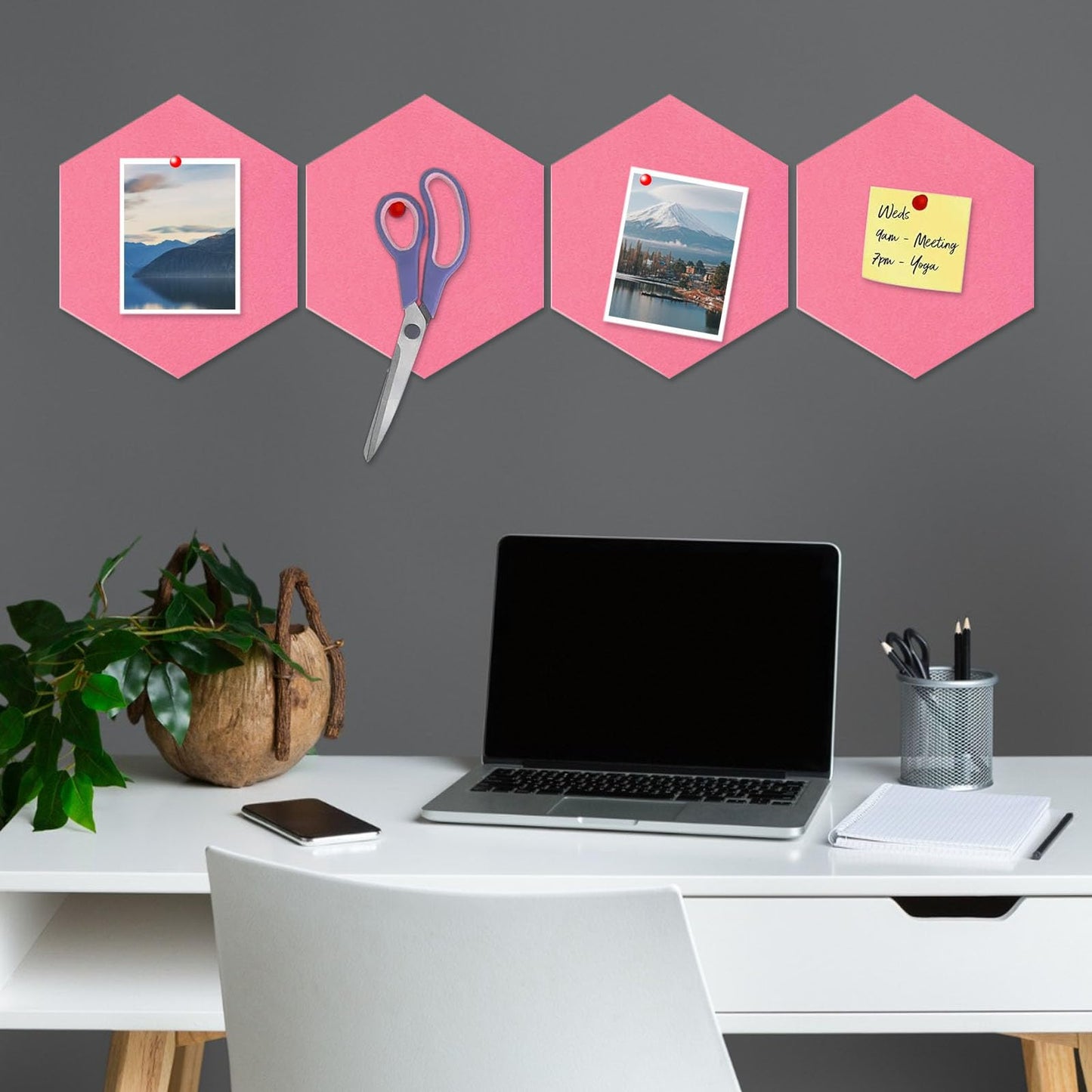 8 Packs Pink Hexagon Felt Pin Board, 12" Bulletin Board with 30 Push Pins, Felt Board for Home Kitchen Office Decor, Self-Adhesive Corkboard Tiles for Walls Classroom Message Photos Memos Display