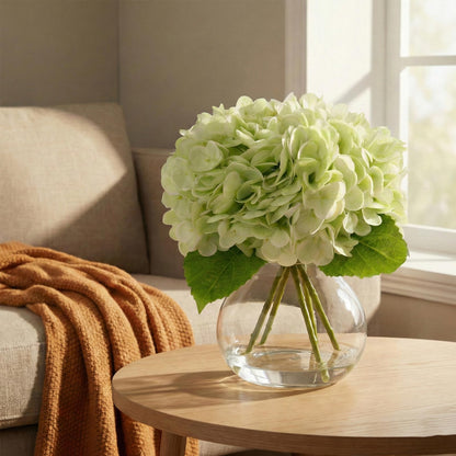 AMORISE Real Touch Artificial Hydrangea in Vase,Premium Faux Flowers with Faux Water for Home Decoration,Coffee Table,Wedding,Green Fake Hydrangea with Vase for DIY Floral Arrangements