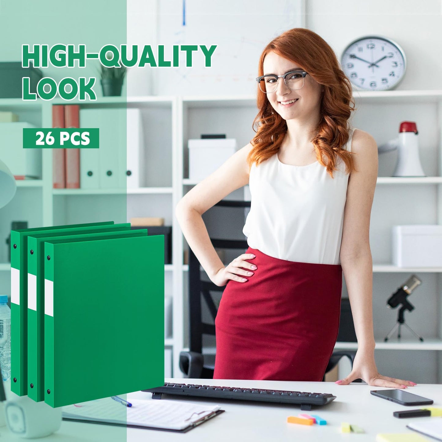 Henoyso 26 Pack 0.5 Inch Plastic 3 Ring Binder Round Ring, Bulk 1/2 Inch Flexible Binders Hold 140 Sheets Letter Size with Pocket, Document Organizer for Back to School Classroom Office (Green)