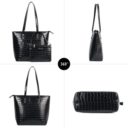 Chinllo Tote Bag for Women, Large Crocodile Top Handle Handbags Purse Set with Clutch Bag (Dc.Black)
