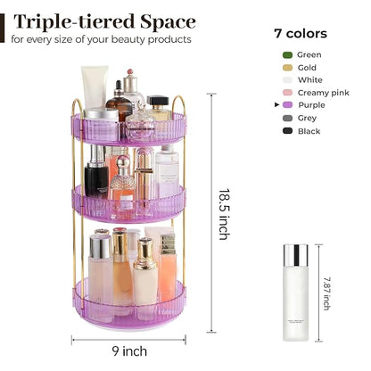Aveniee Rotating Makeup Organizer for Vanity, Perfume Skincare Organizerss Large, Spinning Bathroom Counter Shelf Holder for Cosmetics, Skin Care, Lipsticks,3 Tiers, Purple