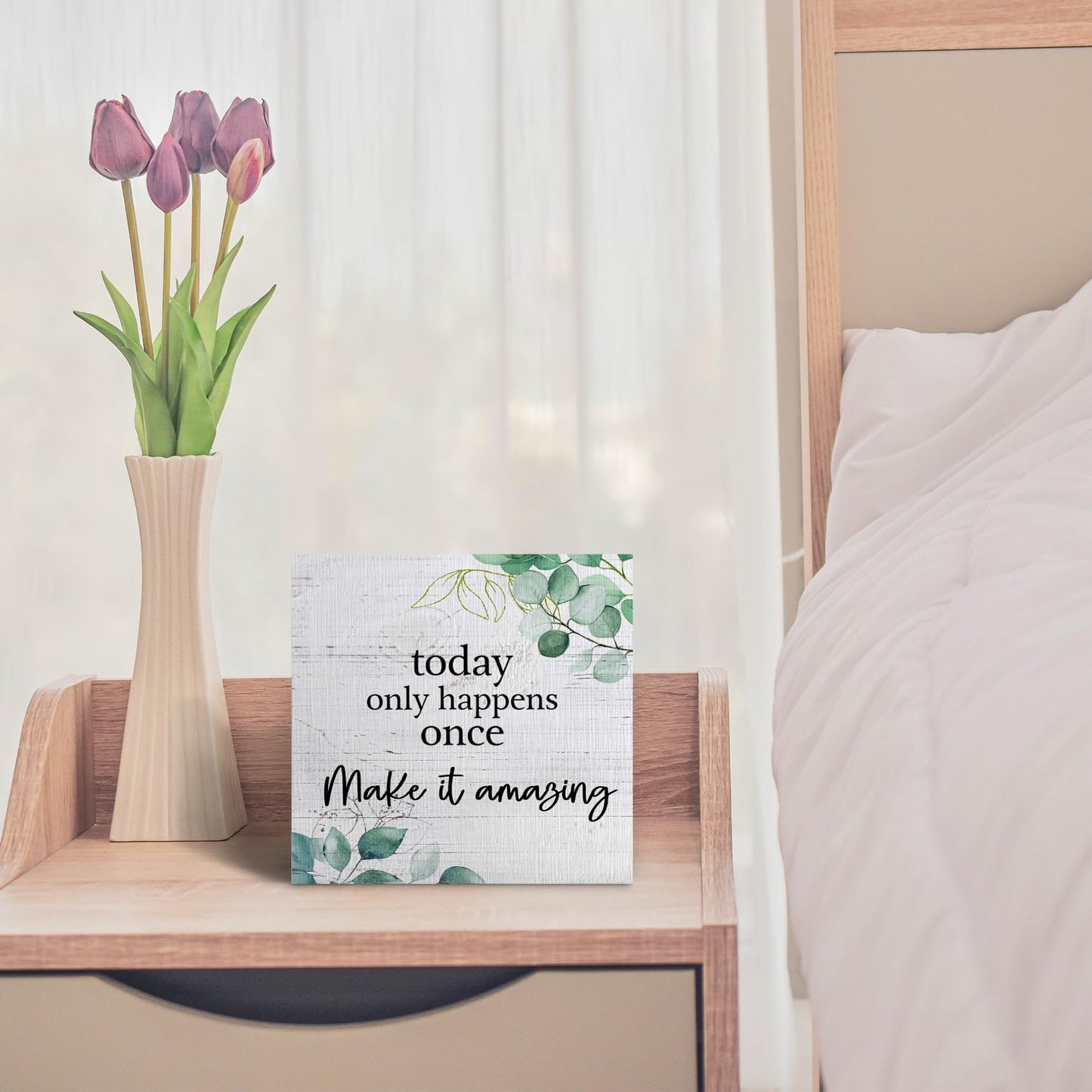 ANIANG Inspirational Wooden Box Sign, Motivational Desk Decor, Rustic Modern Farmhouse Decor, Today Only Happens Once Make It Amazing Wood Block Box Sign Plaque for Office Home Shelf