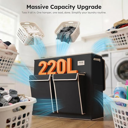 SOLEDI 220L Laundry Hamper 3 Section,Extra Large Laundry Basket with Lid and 2 Side Pockets, Dirty Clothes Hamper with Removable Bag Easy to Carry for Laundry Room, Bedroom, Bathroom, Black