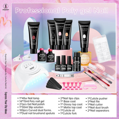 JEWHITENY Poly Extension Gel Nail Kit 14 PCS Poly Gel Kit with Slip Solution and Mini Lamp Nail Art Design Beginner
