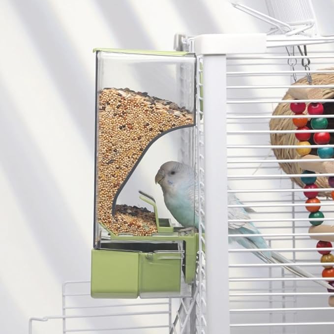 Automatic Bird Feeder, Bird Cage Feeder with Perch for Parakeet Canary Cockatiel Finch (Green)