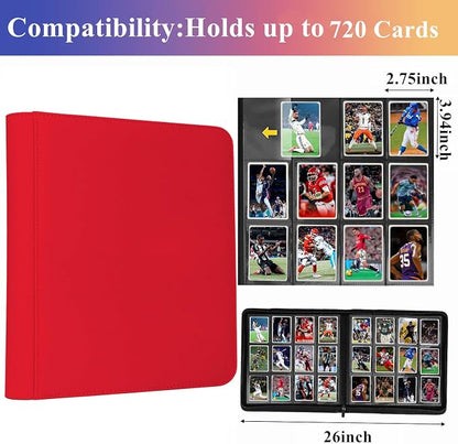 12 Pocket Card Binder, 720 Pockets PU Leather Zipper Trading Card Collection Album, Side-Loading Card Storage Folders for MTG, TCG, Game/Sport Crads (Red, 12 Pockets)