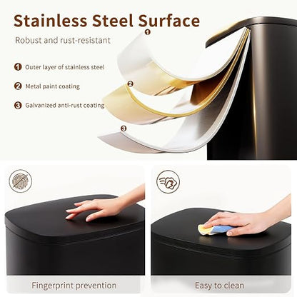 PayLessHere Stainless Steel Trash Can with Lid - Removable Inner Bucket, Foot Pedal Soft Close for Office, Home, Kitchen Garbage Bin (Black, 13 G)