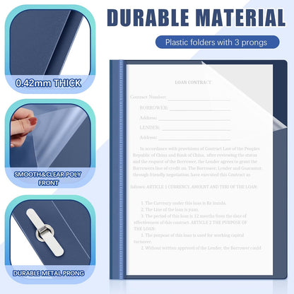 Teling 48 Pcs Clear Front Report Covers with Prongs Plastic Presentation Folders 3 Prong Resume Portfolio Folder for School(Navy Blue)