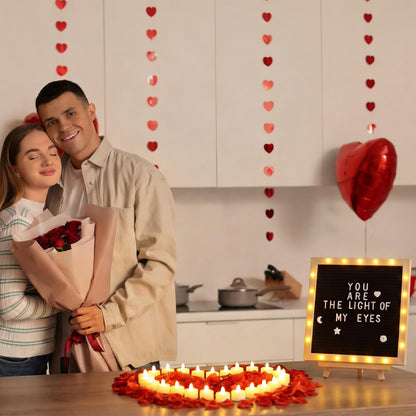 Grinsvalley LED Felt Letter Board with Rose Petals and Candles Set, Word Board with Letters, Artificial Rose Petals Flameless Tea Light Candles for Special Night Wedding Romantic Decorations