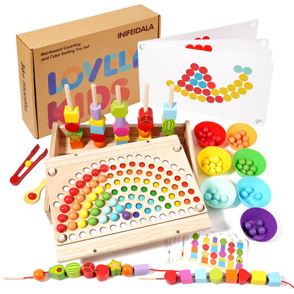 INIFEIDALA Montessori Toys for 3 4 5 Year Old,Stacking Blocks,Lacing Beads & Shape Stacker,Wooden Beads Sequencing Toy Set,Fine Motor Skills & STEM Preschool Learning Gifts for Toddlers Boys & Girls