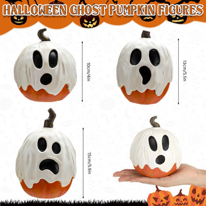 Halloscume 3 Pcs Halloween Ghost Pumpkins Figurines Table Decorations 5.91" 3.94" and 5.12" Resin Pumpkins Statue Tabletop Signs Halloween Decor for Party Shelf Mantel Centerpieces Indoor