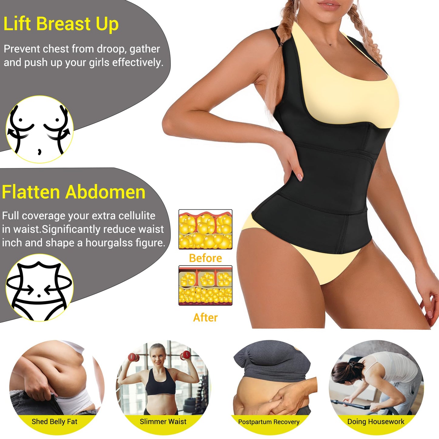 TrainingGirl Women Sweat Vest Waist Trainer Trimmer Belt Weight Loss Hot Sauna Suit Zipper Workout Tank Tops Slim Body Shaper (Black, X-Large)