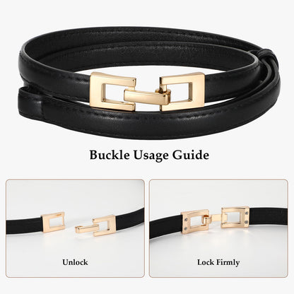 WERFORU 2 Pack Women Skinny Belt Thin Waist Belt for Pants Leather Belt with Gold Buckle for Jeans Dress,0.6" width,black+brown