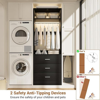 Besiost Closet System Set of 4, 8FT Closet Systems with 12 Wood Drawers, 96" Closet Organizer System with 4 Hanging Rods & 4 Shelves, Heavy Duty 96 Inch Walk-in Closet, Black (96"L x 15" W x 80" H)