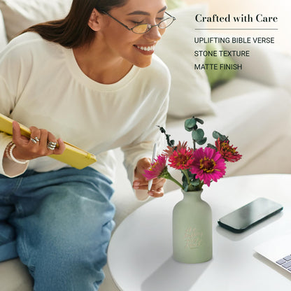 Christian Art Gifts Small Ceramic Scripture Table Vase for Flowers & Plants: He Restores My Soul Inspirational Bible Verse Home Décor, Kitchen, Bathroom, Living Room, Light Mint Green