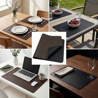 Premium Faux Leather Placemats Set of 6 – Waterproof, Heat-Resistant, Reversible & Non-Slip Table Mats for Kitchen, Dining, Indoor/Outdoor Use (Black & Dark Brown)