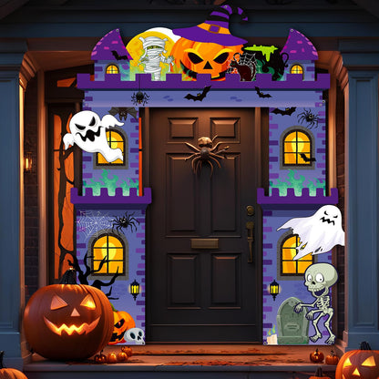 Tiamon Halloween Haunted Building Banner Scary Archway Door Archway Decorations Pumpkin Ghost Skull Hanging Porch Banner for Halloween Photo Prop Backdrop Party Decor Supplies