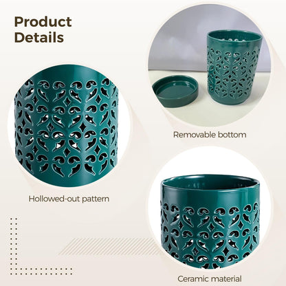 Toyosport Hollow Ceramic Decorative Pot, Green Floral Design, 5.5 x 4.1 in/14 x 10.5 cm, Multi-Purpose, Chopsticks Cage, Pen Holder, Indoor Outdoor Flower Pots