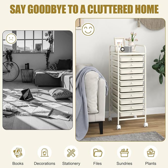 MEDIMALL 10 Drawers Rolling Storage Cart, Multipurpose Craft Storage Cart with Wheels, Mobile Tools Scrapbook Paper Organizer Cart for Office School Home Use