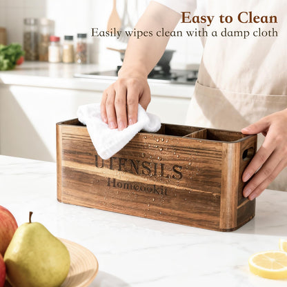 Homcookit Utensil Holder for Kitchen Countertop, Extra Large Acacia Wood Organizer, 4-Compartment Storage for Cooking Tools, Farmhouse-Style Cutlery Holder