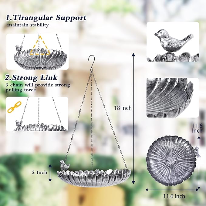 MUMTOP Hanging Bird Baths for Outdoors - Metal Bird Bath, 11.6 Inch Flower Shape Birdbath Bird Feeder Bowl for Outside, Garden, Lawn Yard Decor(Silver)