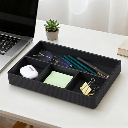 NICLNGSH PU Leather Valet Tray, Decorative Trinket Vanity Desk Drawer Organizer Tray, Perfume Dish Catch All Bowl for Keys, Nightstand Drawer Organizer Women Men with 4 Compartments (Black)