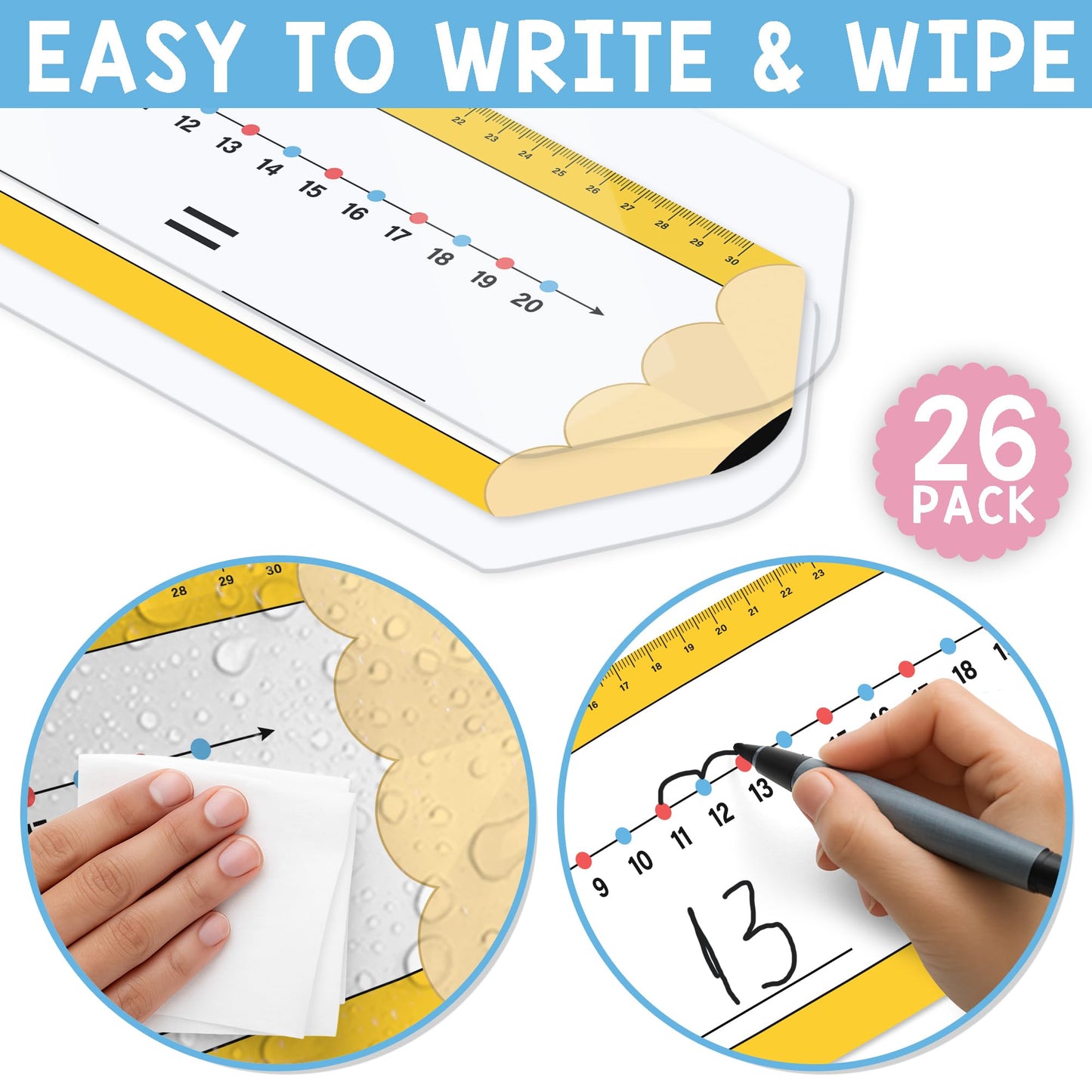 BrightenKidz 26 Pack Pencil Shape Number Line Dry Erase Boards 14"x4" Math Manipulatives for Kindergarten, Students, Classroom Must Haves