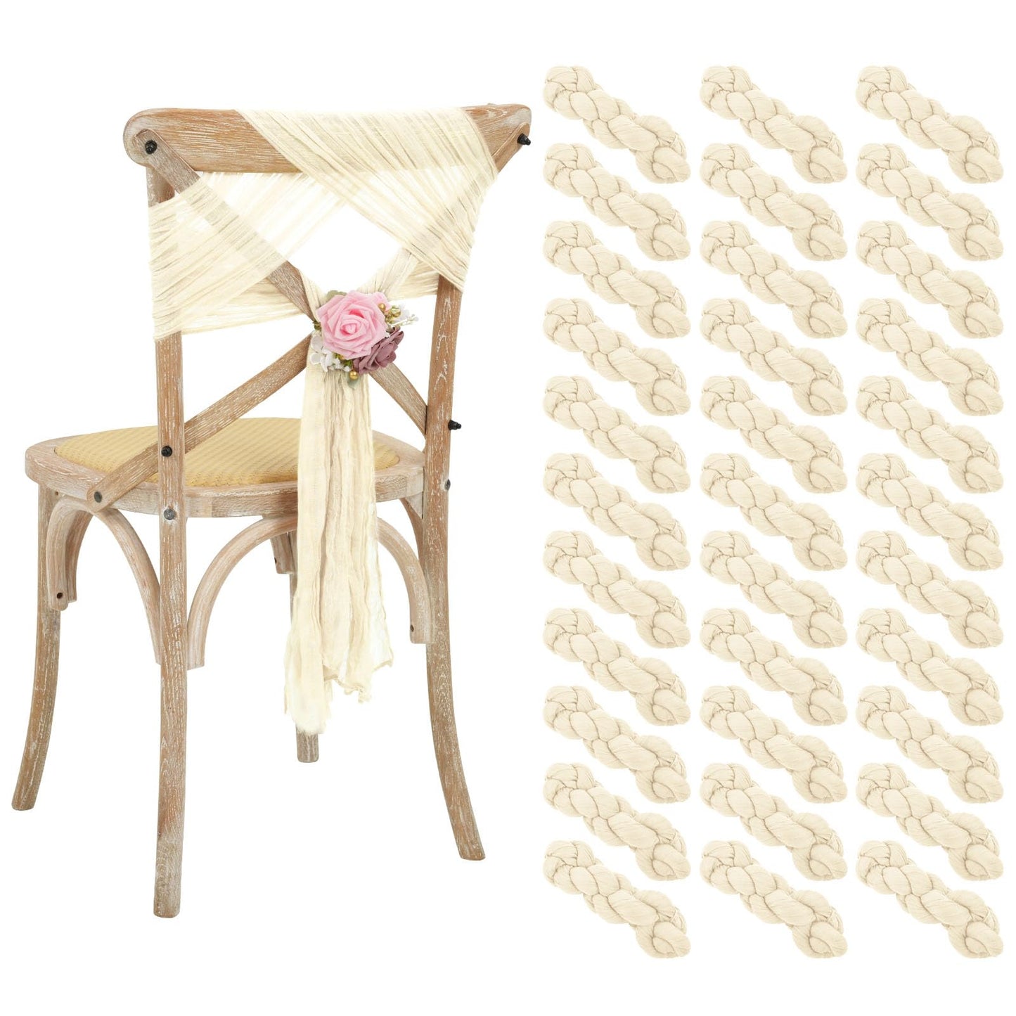 50 PCS Cheesecloth Chair Sashes Bows Wedding Aisle Decorations Chair Ribbon Ties Back Sash for Wedding Party Events Banquet Chair Cover Decoration (Ivory)