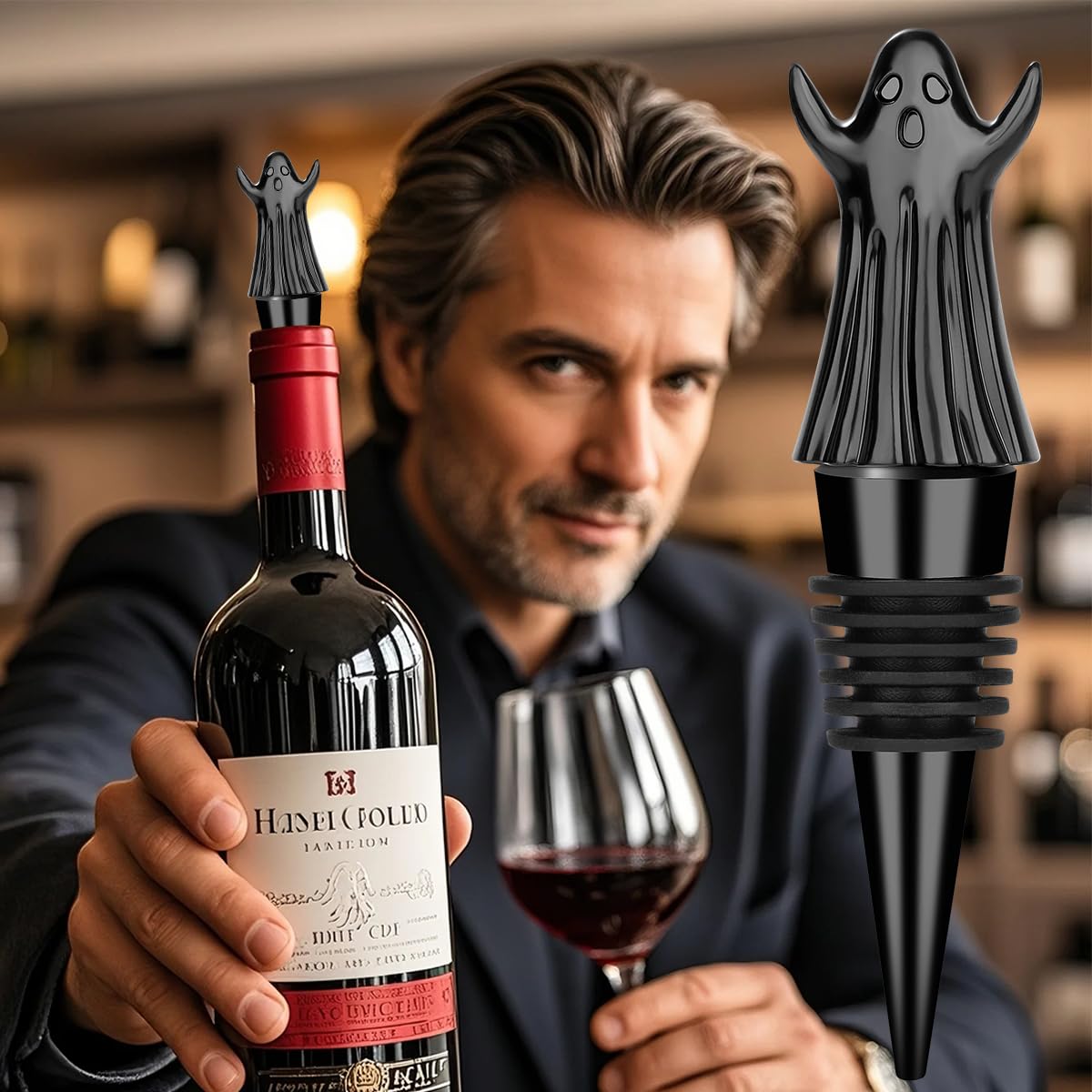 MR.BARWARE Ghost Wine Stopper – Spooky Gift for Men Women, Black Ghost-Shaped Bar Accessory with Gift Bag, Perfect for Halloween Birthday Fathers Day Christmas