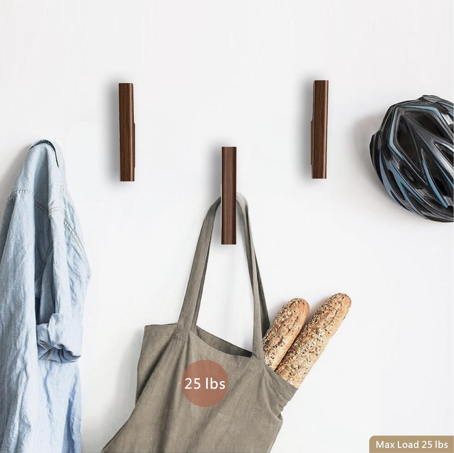 FCOWK Wood Wall Hooks 4 Pack Coat Hooks Wall Mount Walnut Wooden Hooks for Hanging Hat, Bag, Backpack, Rustic Coat Hooks for Wall, Wood Towel Hooks for Bathrooms and Entryway Hooks (Walnut, Dark)