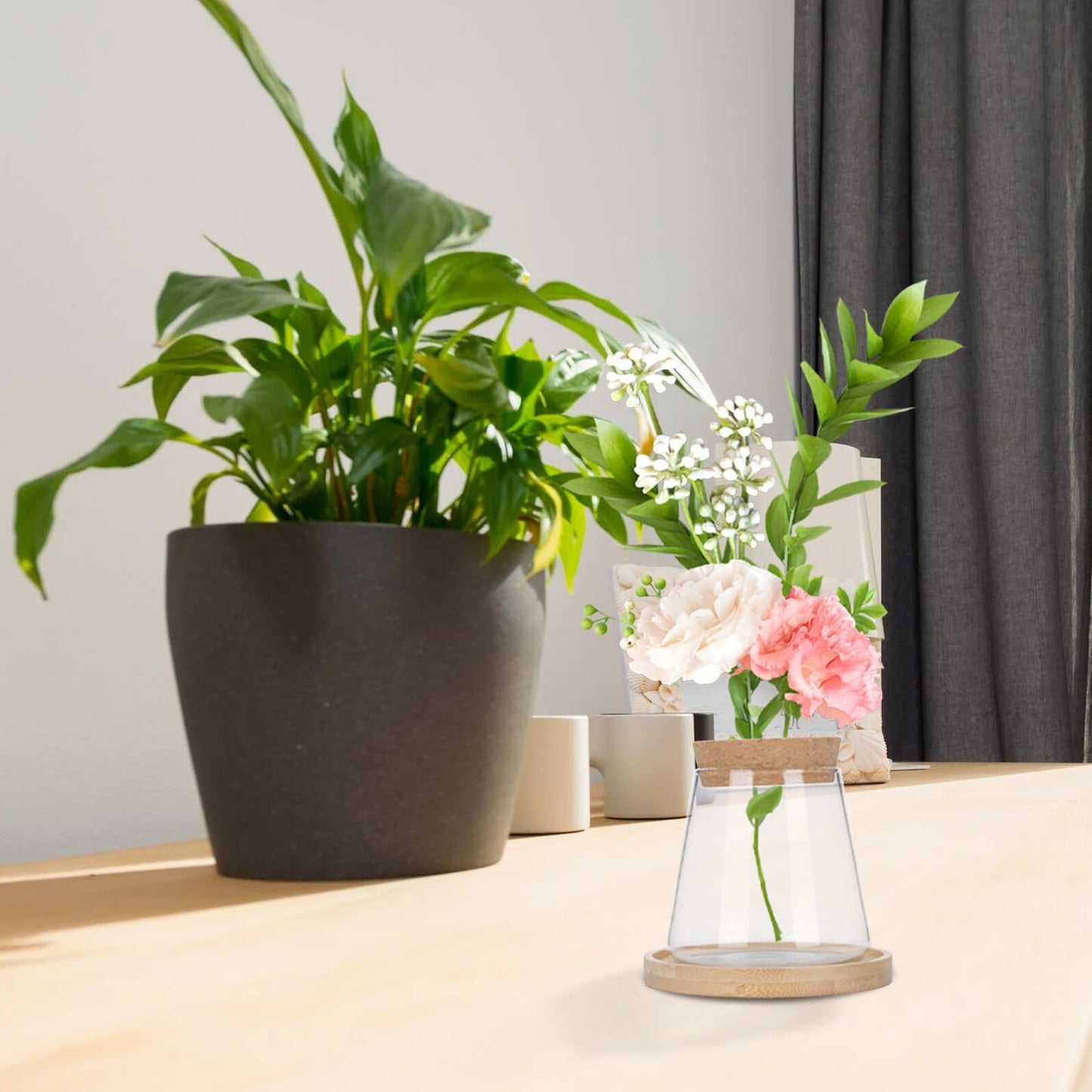 Uonlytech Hydroponic Glass Vase with Wooden Stopper and Dipper, Plant Terrarium for Indoor Gardening, Desktop Flower Pot for Office and Home Décor