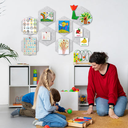 ANLIOTE 8-Pack Hexagon Felt Cork Board, 1/2" Thick Felt Bulletin Pinboard with 80 Push Pins, Adhesive Tabs, Geometric Cork Wall Tiles for Photos, Memos, Home & Office Decor (Light Grey)