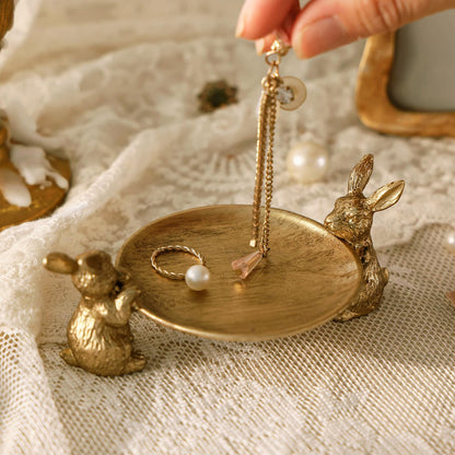 NIKKY HOME Gold Jewelry Tray, Vintage Jewelry Dish Tray with Rabbits, Antique Ring Dish & for Women, Small Trinket Bowl for Vanity Bathroom