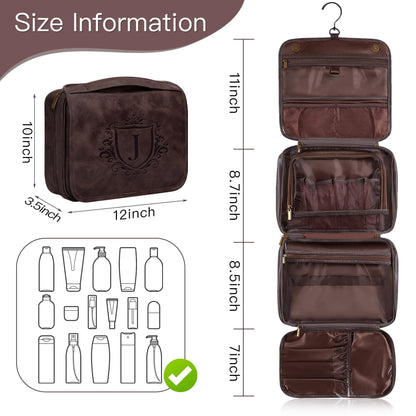 Aganmi Personalized Hanging Toiletry Bag Travel Gifts for Men Him, 3-in-1 Large Laser-Engraved Initial Waterproof PU Leather Shaving Bag Valentines Birthday Gift for Men Dad Husband Dark Brown M