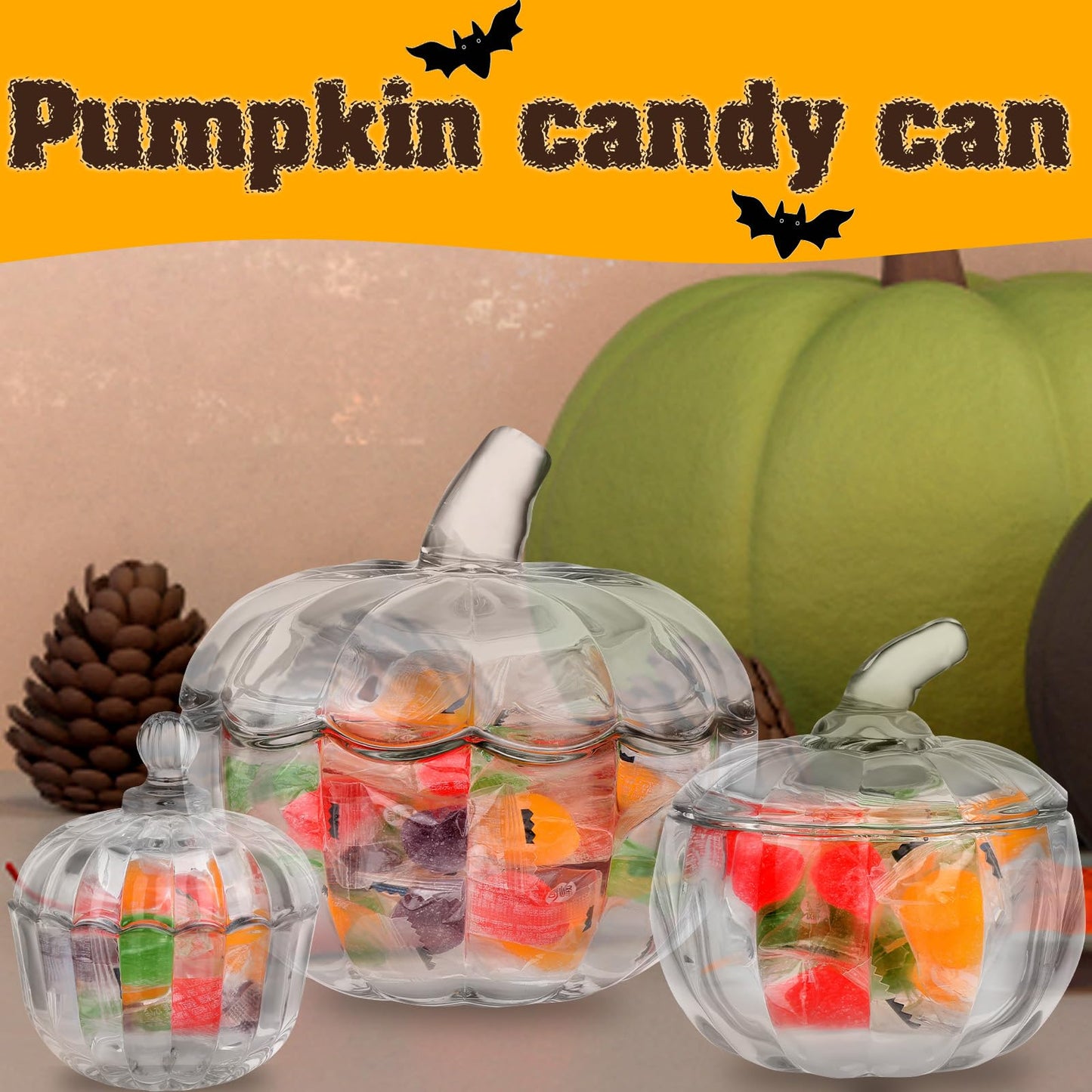 3 Pcs Halloween Pumpkin Candy Jar with Lids Glass Candy Bowl Cute Clear Cookie Storage Jar Crystal Candy Dish Office Desk Decorative Jars for Halloween Party Decoration Home Holiday Supplies Gift