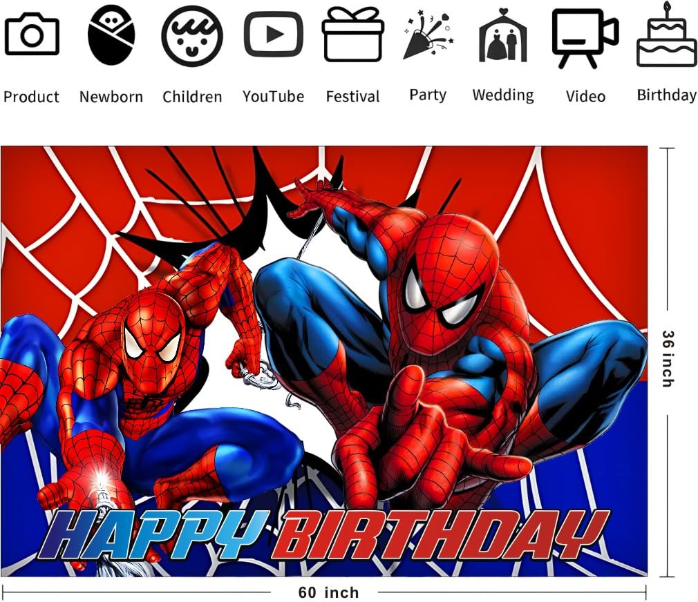 Spider Birthday Party Decorations, 5x3ft Happy Birthday Back Drop Banner Theme Backdrop Banner for Spider Party Decorations Indoor Outdoor.