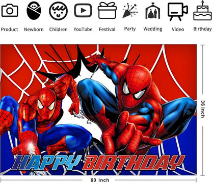 Spider Birthday Party Decorations, 5x3ft Happy Birthday Back Drop Banner Theme Backdrop Banner for Spider Party Decorations Indoor Outdoor.