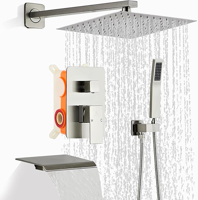Brushed Nickel Rainfall Shower Faucet Set with Tub Spout 12 Inch, Shower Head and Handle with 2 Hooks for Bathroom Rain Shower and Handheld Shower System Square Wall Mount