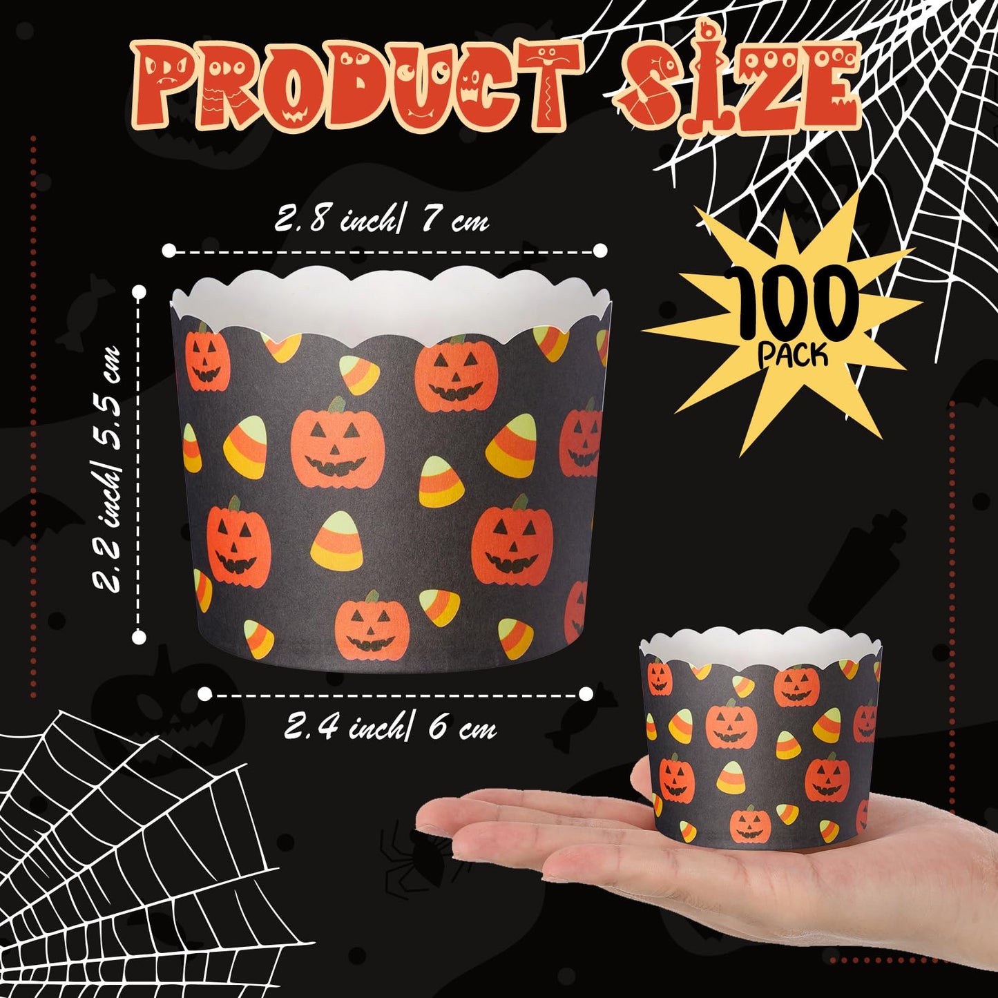 Funnymoom 100 Pcs Halloween Pumpkin Paper Baking Cups Black Orange Cupcake Liners Wrappers Decorative Cupcake Holders for Halloween Birthday Party Supply