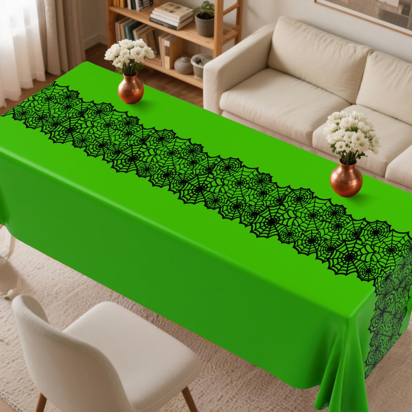 Breling Halloween 6 Pcs Spider Web Rectangular Tablecloths Waterproof Wrinkle Resistant Spider Web Pattern Tablecloths for Halloween and Holiday Banquet Parties Kitchen Dining Room(Green)