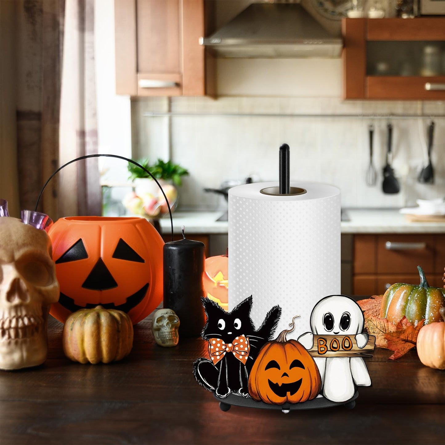 Whaline Halloween Paper Towel Holder Pumpkin Ghost Boo Cat Metal Towel Stand Trick or Treat Decoration Accessory for Holiday Party Home Kitchen Countertop
